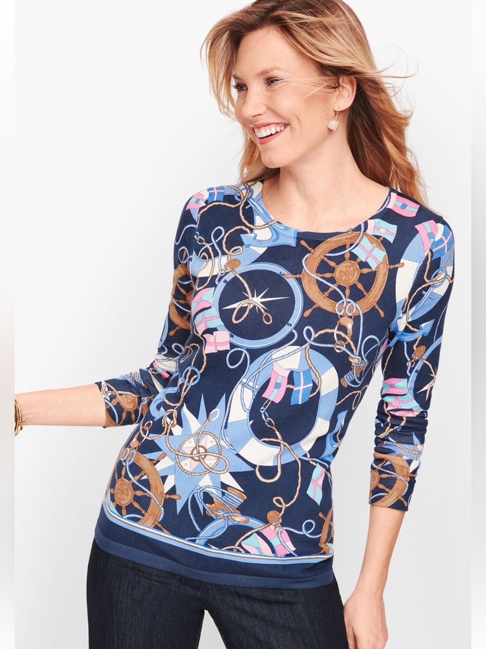 Talbots Sweater Womens M Blue Cotton Lyocell Crewneck Nautical Print Pullover